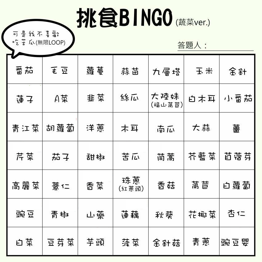 挑食 Bingo 圖 (蔬菜篇-空白圖) 